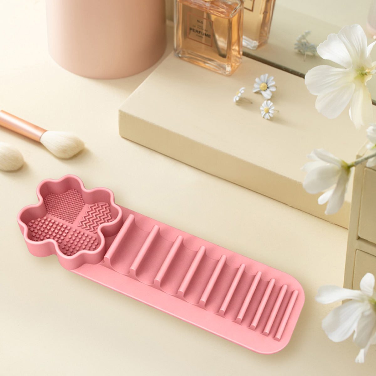 Beauty Makeup Table - 21.66×7.1cm Pink Silicone Makeup Brush Storage