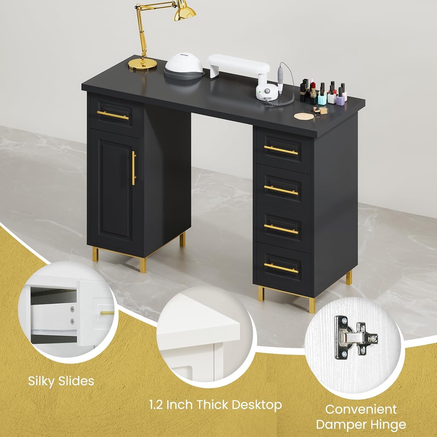 Black and Gold Nail Tech Desk  - Beauty Makeup Table ulasan dan harga